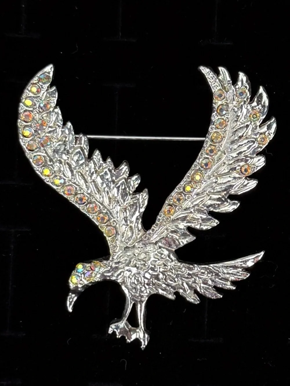Iridescent Silvertone Eagle Brooch Pin Sparkling Winged Bird Accent